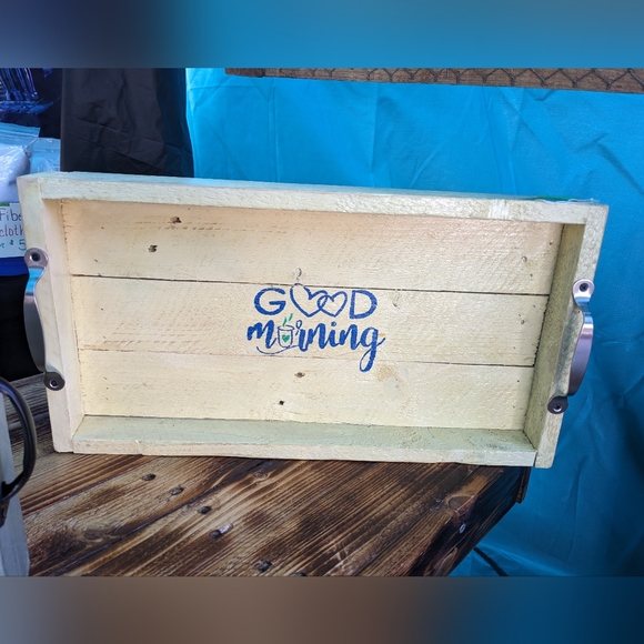 Handmade Wood Tray Hand Crafted Good Morning with Handles - Picture 2 of 10